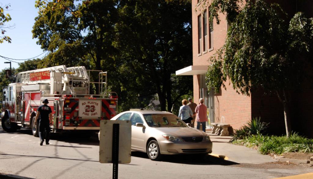 Southern Platte County Fire Department crews were on campus Tuesday, Oct 8, to investigate a fire in Alumni Hall that broke out Monday, Oct. 7, on the third floor that caused significant damage. Pictured above from left are Andrea Southard, theatre professor; Matthew LaRose, Art and Theatre department chair; Carolyn Elwess, archivst.