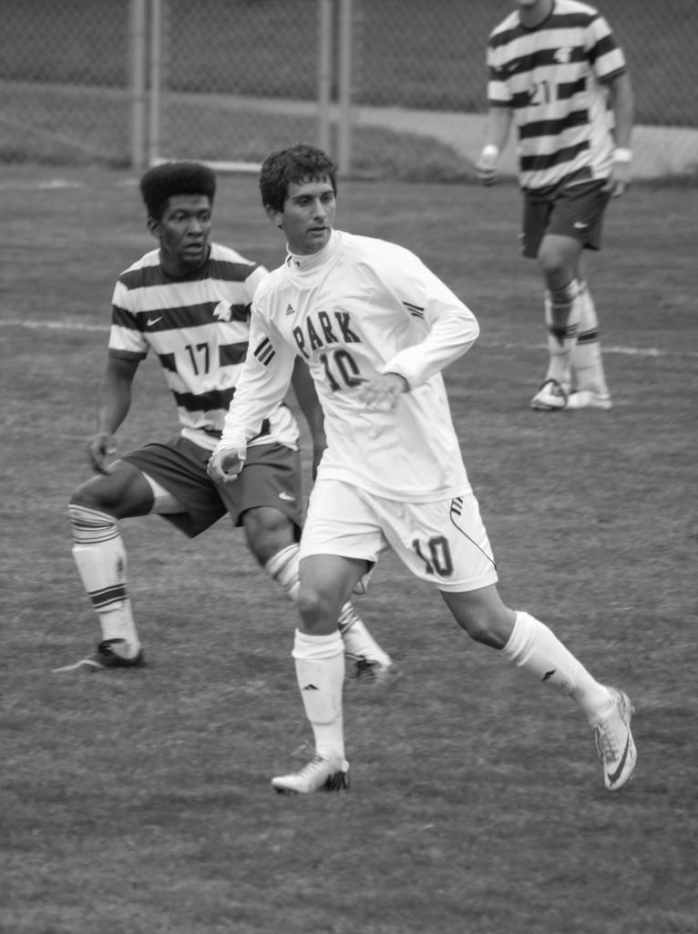 Senior Carlos Trombini Filho patiently waits to score. Filho scored both goals against Benedictine for the 2-0 win.