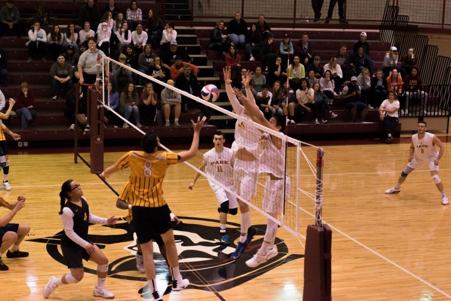 Park Pirates mens volleyball playing the Graceland University Yellow Jackets