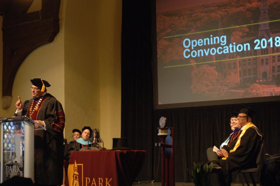 President Greg Gunderson speaks to students at  2018 opening convocation