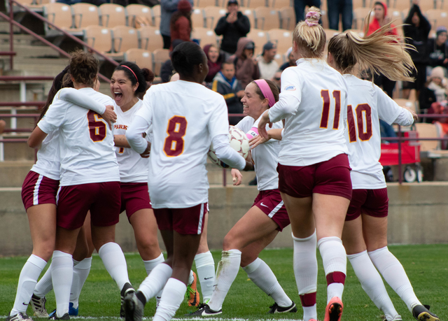 Park women's soccer team celebrating their first of four goals in the Nov. 2 game against Harris-Stowe State University 