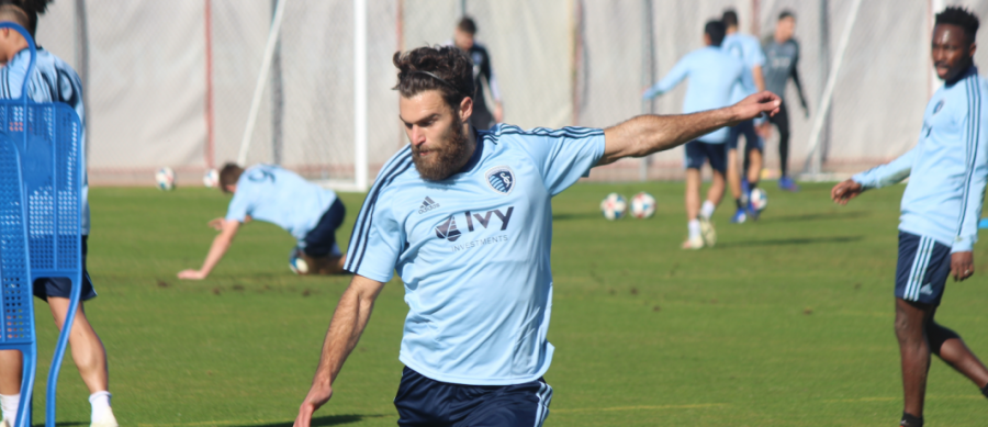 Graham Zusi lining up a strike on goal during a training session.