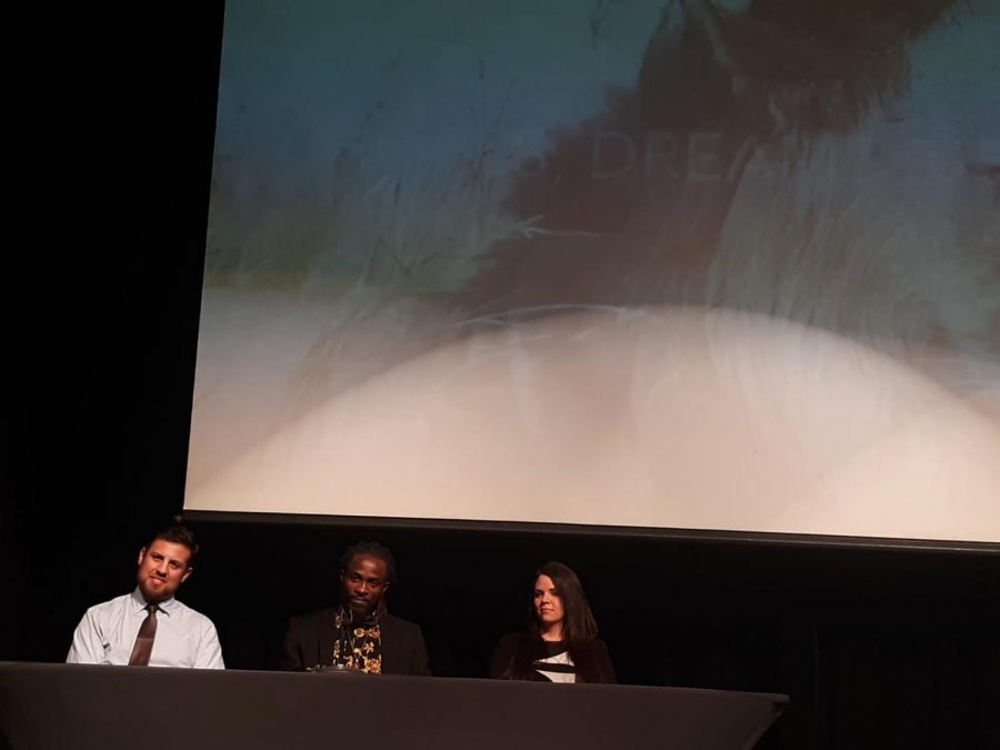 Jason Samayoa, Joseph Mebaley and Ariana Elliot answering questions during the event.