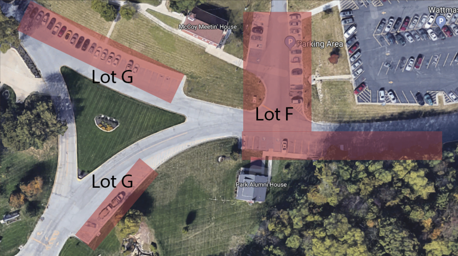 A map depicting which parking lots may be closed due to the construction of the new College of Management building. These lots are lot G and F which are near the main entrance to Park University's home campus.