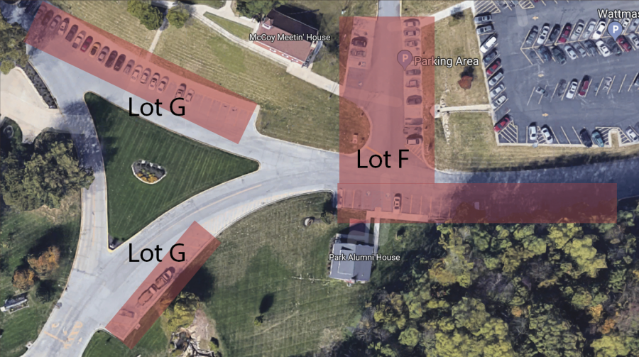 A+map+depicting+which+parking+lots+may+be+closed+due+to+the+construction+of+the+new+College+of+Management+building.+These+lots+are+lot+G+and+F+which+are+near+the+main+entrance+to+Park+Universitys+home+campus.