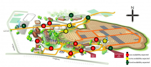 Parkville campus parking lot's are giving a red, yellow or green grade to the predicted level of parking availability.