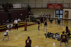 Sophomore outside hitter Malaina Hensley and freshman outside hitter Débora Bernardi go up for a block against Indiana University East.