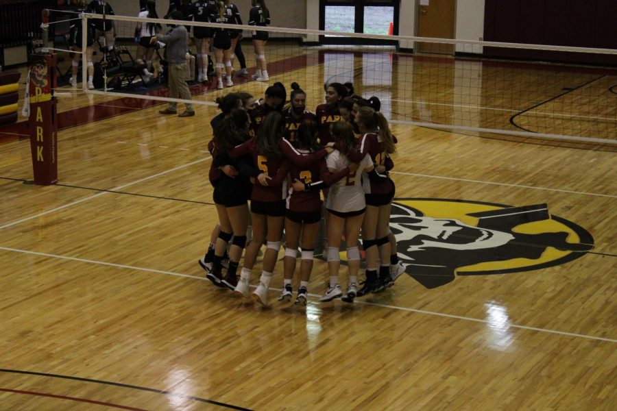 Park University women's volleyball celebrates their NAIA Opening Round win against Indiana University East.