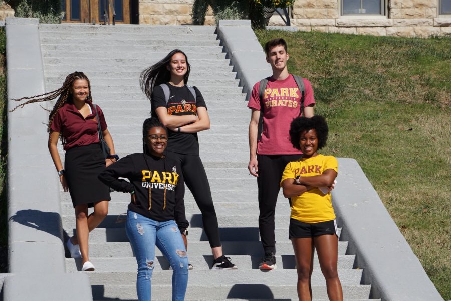 Five Park students pose on the stairs of Mackay Hall for the photoshoot.