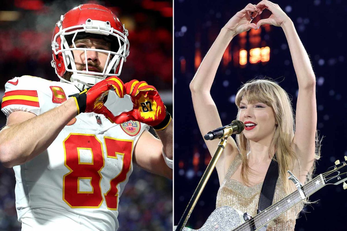 Travis+Kelce+and+Taylor+Swift+make+heart+signs+in+their+respective+crafts.+
