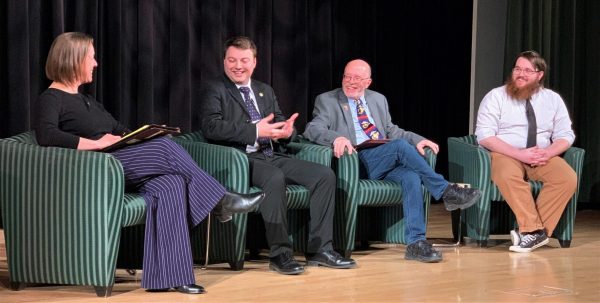 Anne Kniggendorf interviews Damon Grosvenor, Timothy Westcott, and Martin Roberson at the Truman Forum Auditorium in the Kansas City Public Library Plaza Branch, March 26, 2024.